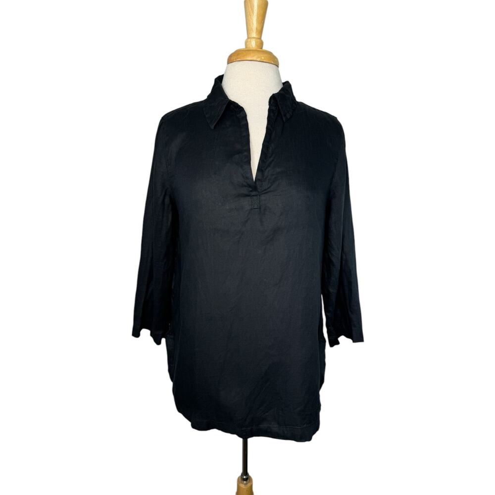 ISAAC MIZRAHI Black 100% Linen Popover Tunic Blouse Sz Medium Womens Long Sleeve